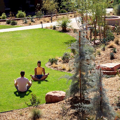 Two people are sitting on a grassy area in a garden, surrounded by trees and plants, possibly meditating or relaxing under the sun.