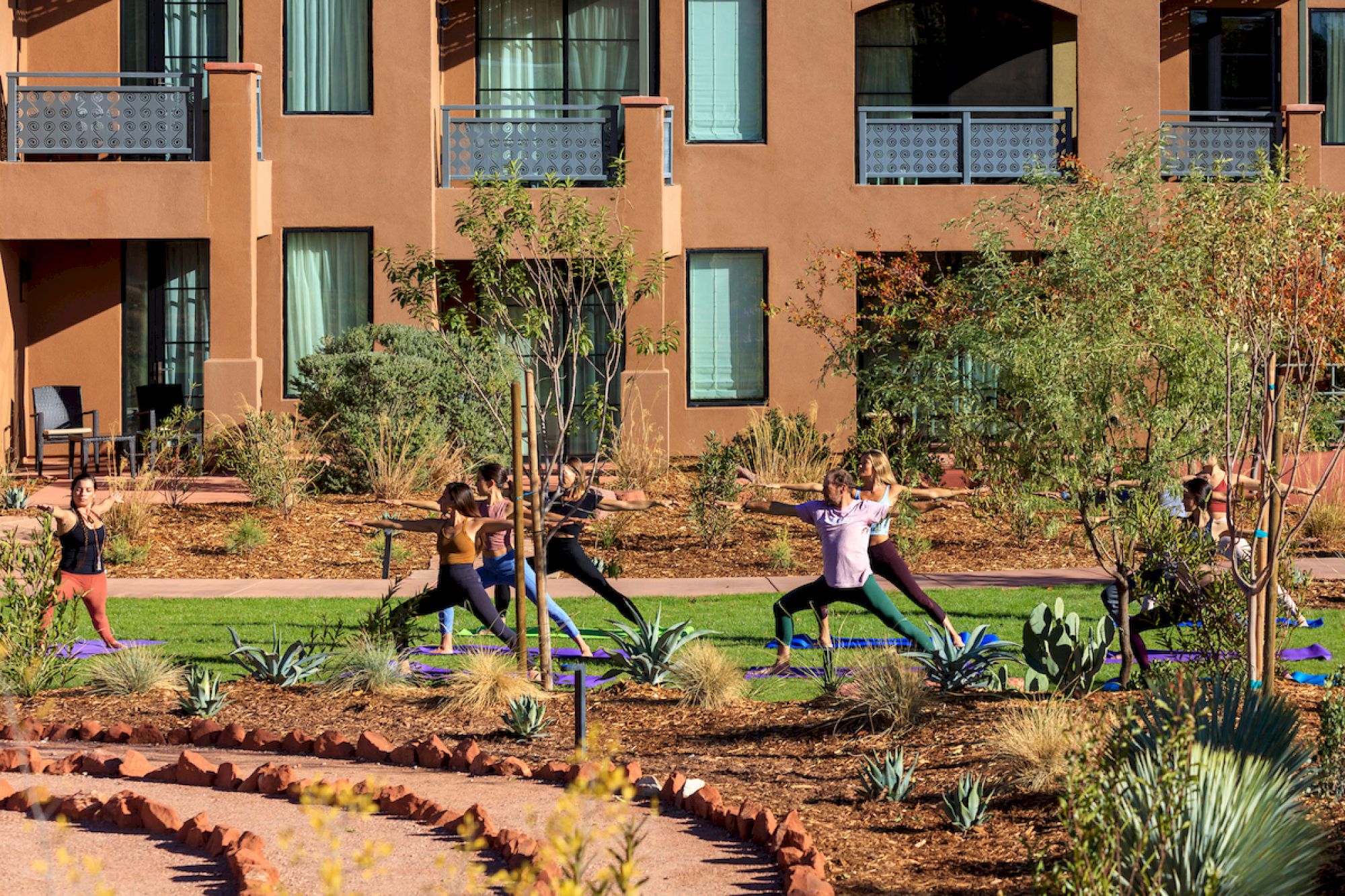 People practicing outdoor yoga on grass, with buildings and greenery around them, in a sunny open space.