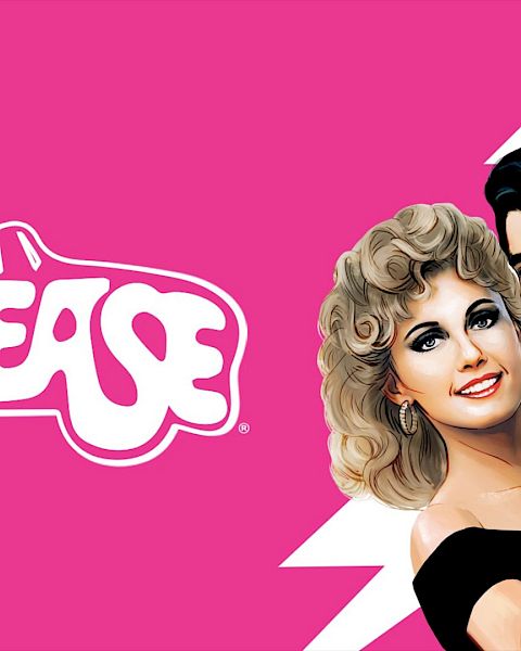 A "Grease" poster shows a stylized couple embracing against a pink background with a lightning bolt design.