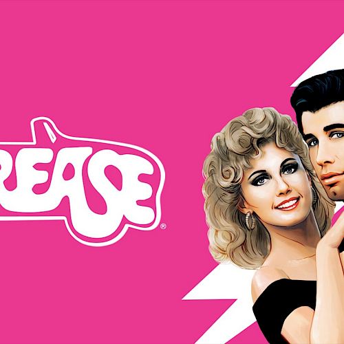 A "Grease" poster shows a stylized couple embracing against a pink background with a lightning bolt design.